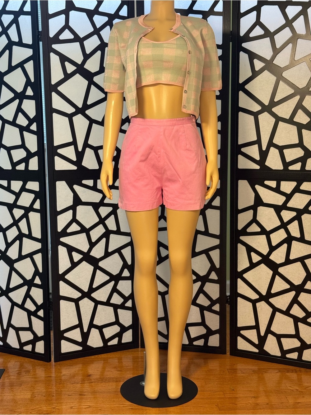 Zara Pastel Green and Pink Check Knit Cardigan with Tank NWT